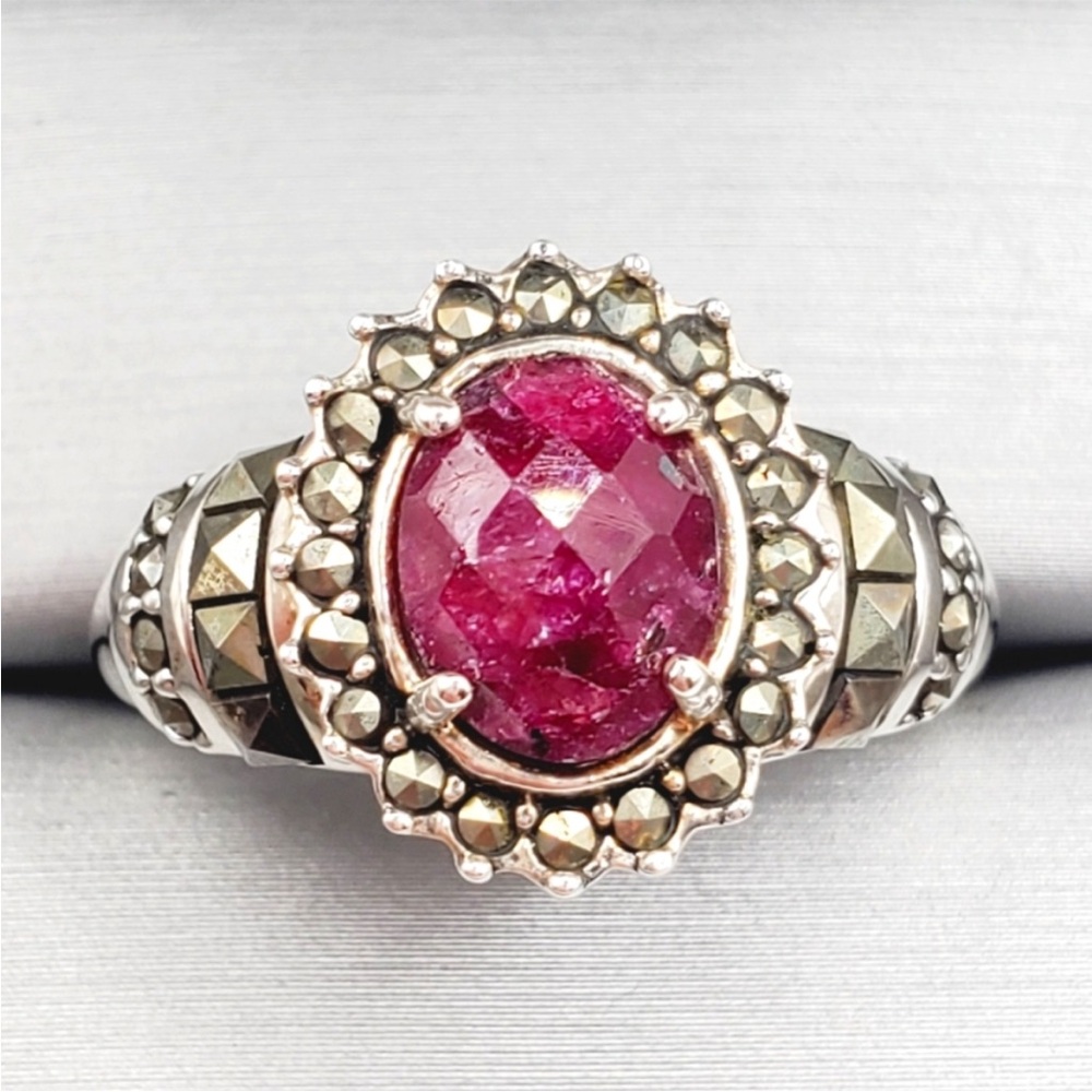 Genuine Checkerboard Cut Oval Ruby & Marcasite 925 Sterling Silver Halo Ring